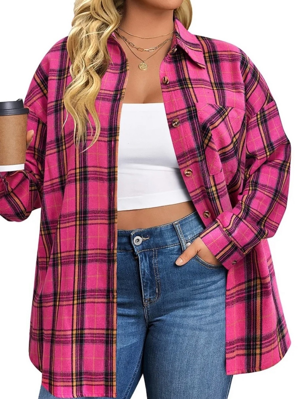 Pink Plaid Button-Front Shirt Jacket